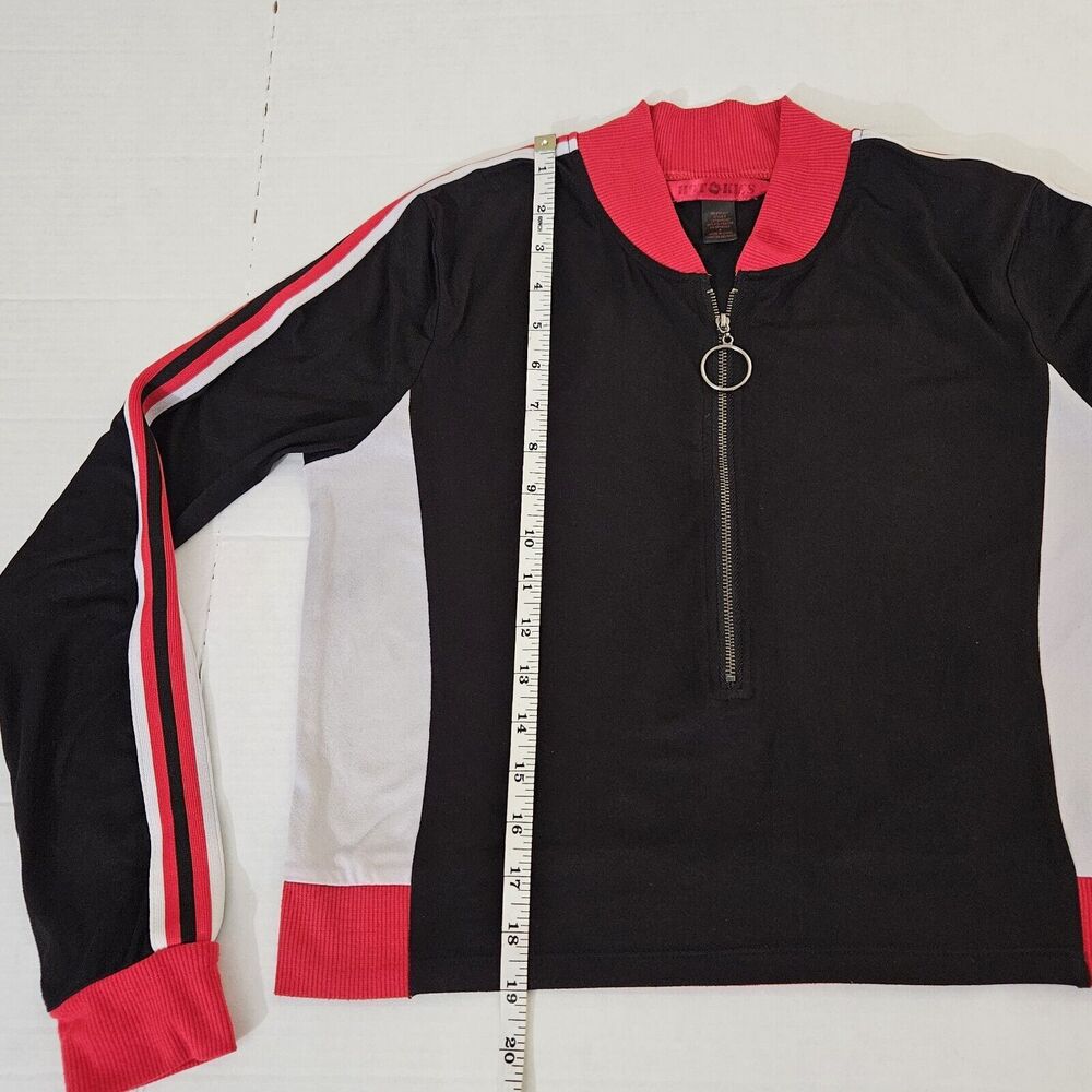 Hot Kiss Size M Black Red White Long Sleeve Crop Top 1/4 Circle Front Zipper Y2K - Picture 5 of 9